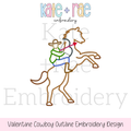 Valentine Cowboy Outline Embroidery Design: Outline of a cowboy on a rearing horse holding a heart and arrow