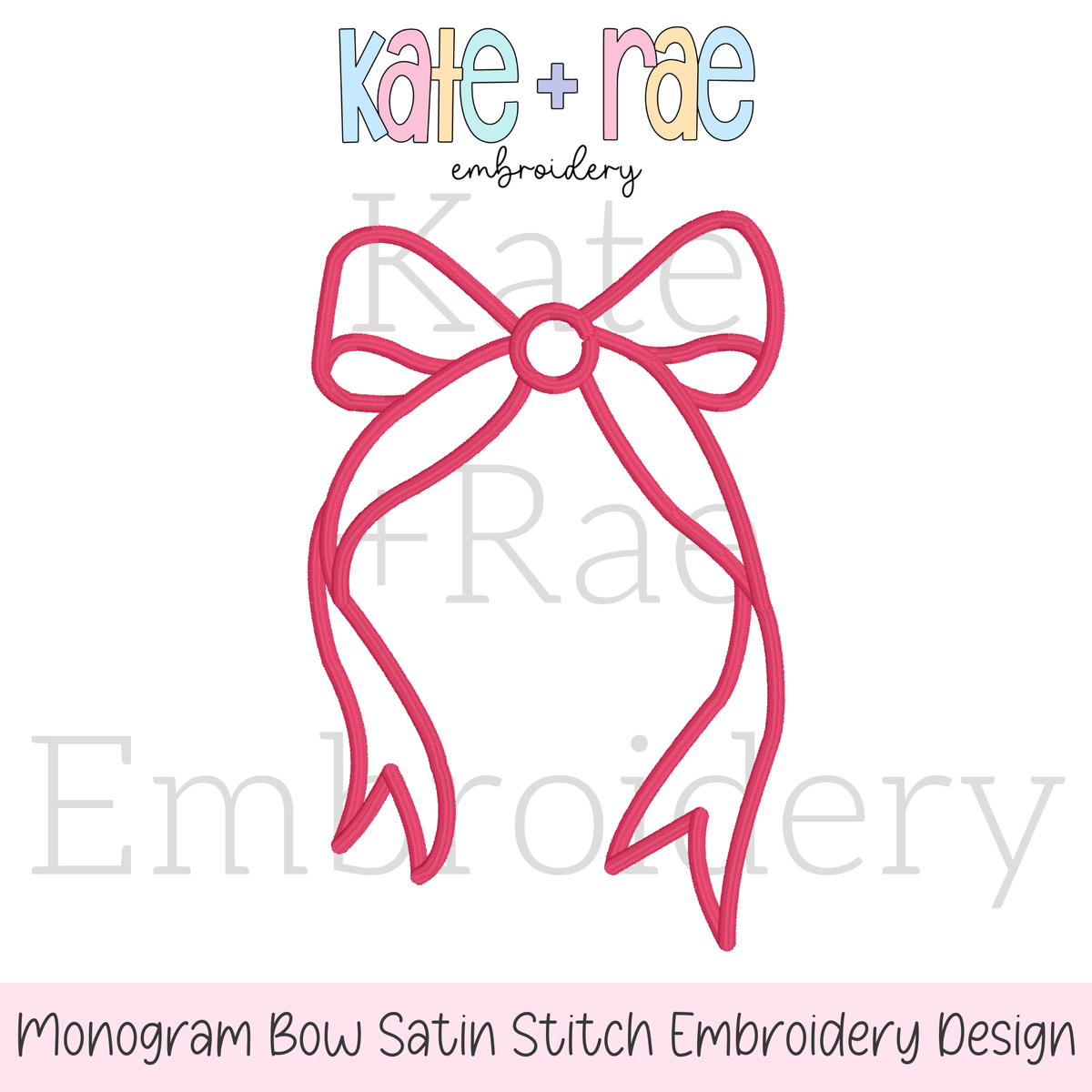 Longtail Bow Satin Stitch Outline Embroidery Design: Design preview of a pink longtail bow satin stitch outline