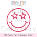 Star Smiley Face Satin Stitch Applique Embroidery Design: Design preview of a pink satin applique smiley face with star eyes