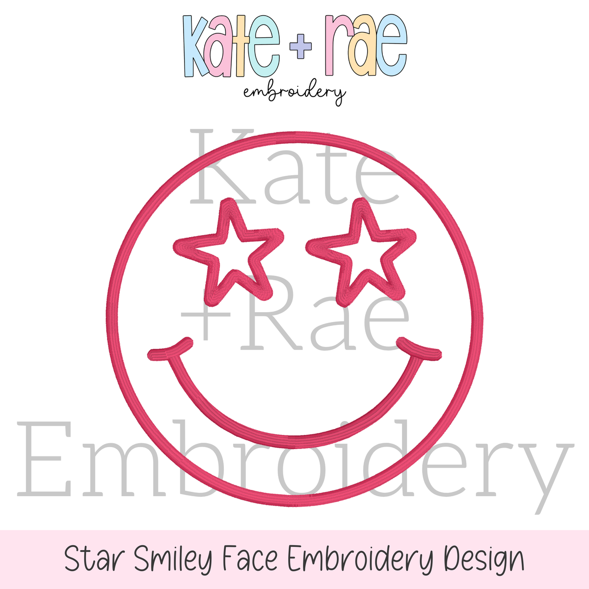 Star Smiley Face Satin Stitch Applique Embroidery Design: Design preview of a pink satin applique smiley face with star eyes