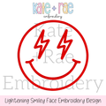 Lightning Bolt Smiley Face Satin Stitch Applique Embroidery Design: Design preview of a red satin applique smiley face with lightning bolt eyes