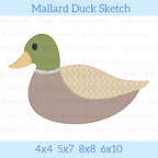 Mallard Duck Sketch Stitch Embroidery Design: Design preview of a mallard duck with a green head and tan textured wing, available in 4x4, 5x7, 8x8, and 6x10