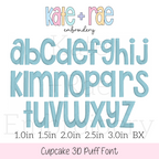 Cupcake 3D Puff Embroidery Font: Lowercase a to z alphabet in blue 3D puff letters, available in 1 to 3 inch sizes plus BX