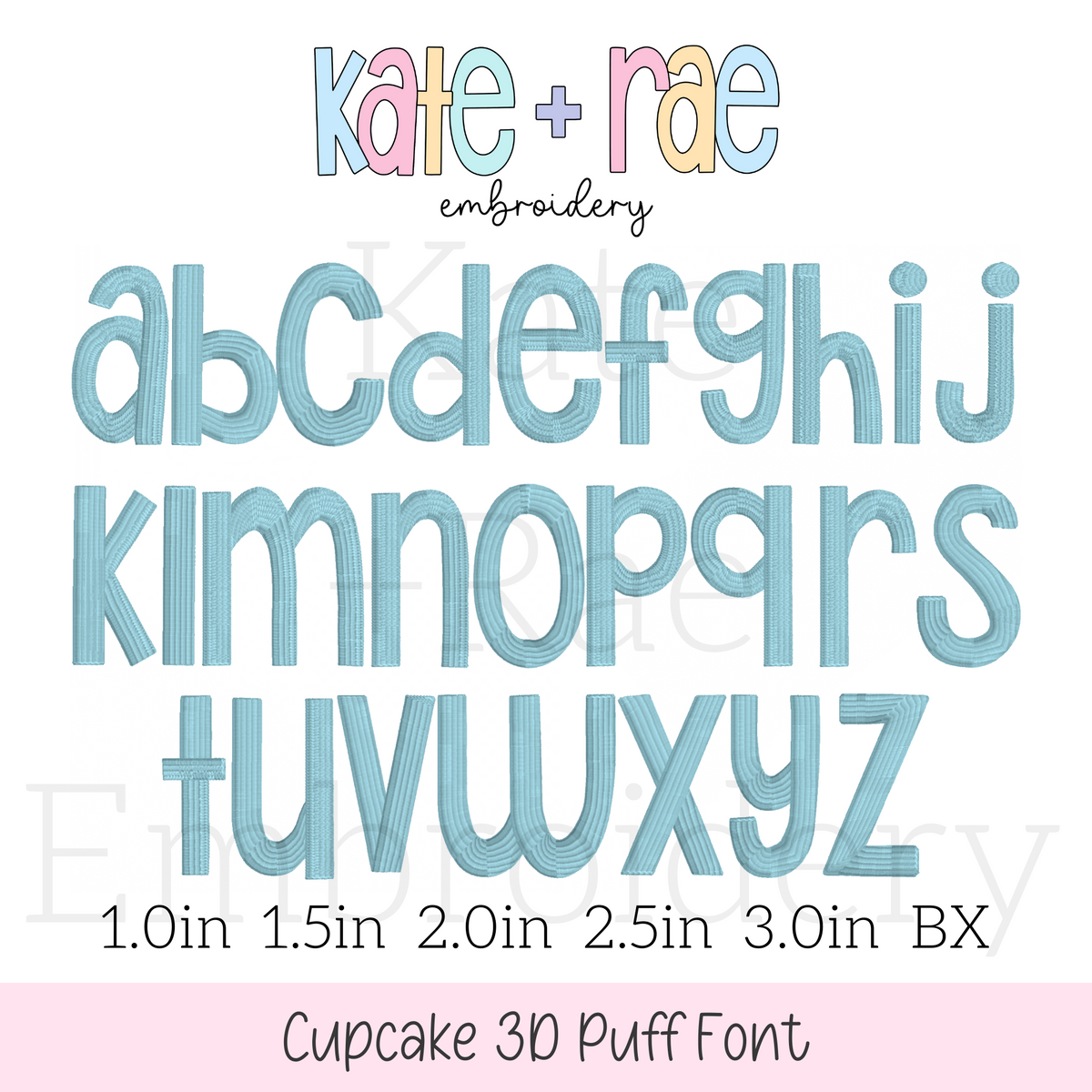 Cupcake 3D Puff Embroidery Font: Lowercase a to z alphabet in blue 3D puff letters, available in 1 to 3 inch sizes plus BX