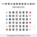 Friendship Embroidery Font: Font preview of the Friendship embroidery font with beaded letters A to Z, numbers 0 to 9, and colorful bead shapes