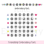 Friendship Embroidery Font: Font preview of the Friendship embroidery font with beaded letters A to Z, numbers 0 to 9, and colorful bead shapes