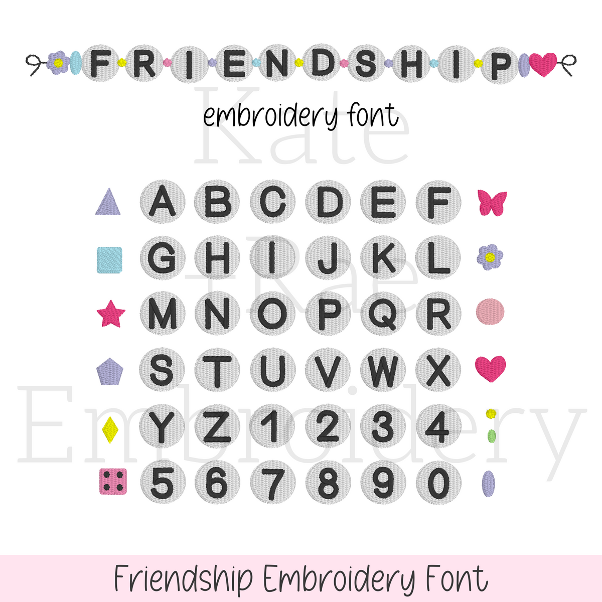 Friendship Embroidery Font: Font preview of the Friendship embroidery font with beaded letters A to Z, numbers 0 to 9, and colorful bead shapes