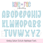 Kinley Satin Stitch Applique Embroidery Font: Uppercase A to Z alphabet in light blue outlined satin applique letters