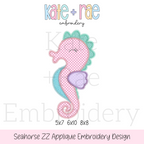 Seahorse Zigzag Stitch Applique Embroidery Design: Design preview of a pink gingham zigzag applique seahorse with an aqua fin, available in 5x7, 6x10, and 8x8