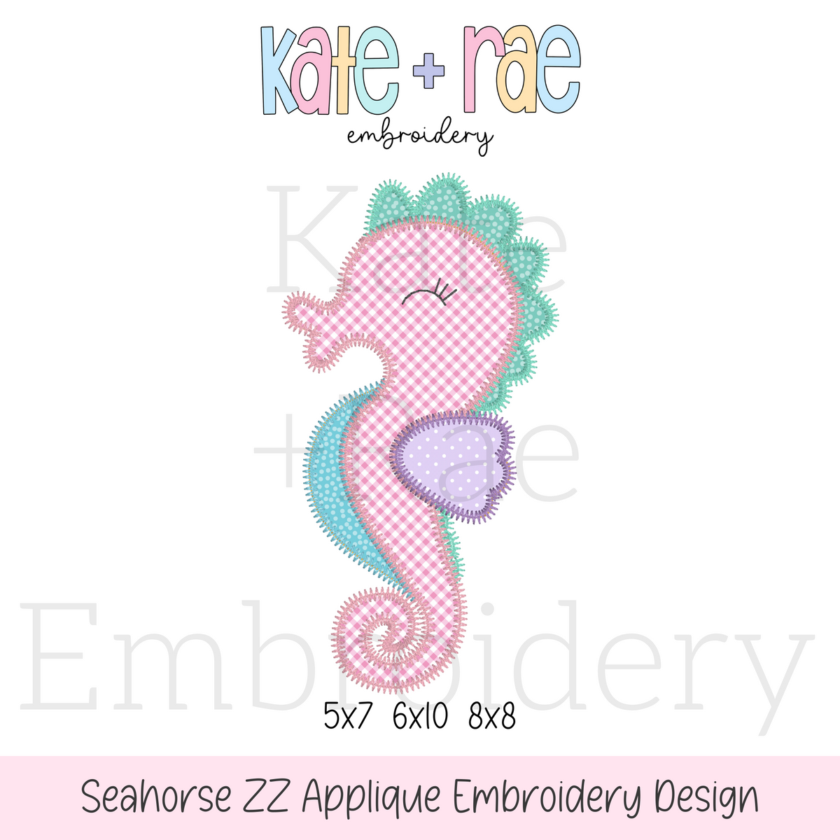 Seahorse Zigzag Stitch Applique Embroidery Design: Design preview of a pink gingham zigzag applique seahorse with an aqua fin, available in 5x7, 6x10, and 8x8