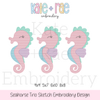 Seahorse Trio Sketch Stitch Embroidery Design: Design preview of three pink and aqua sketch stitch seahorses in a row, available in 4x4, 5x7, 6x10, and 8x8