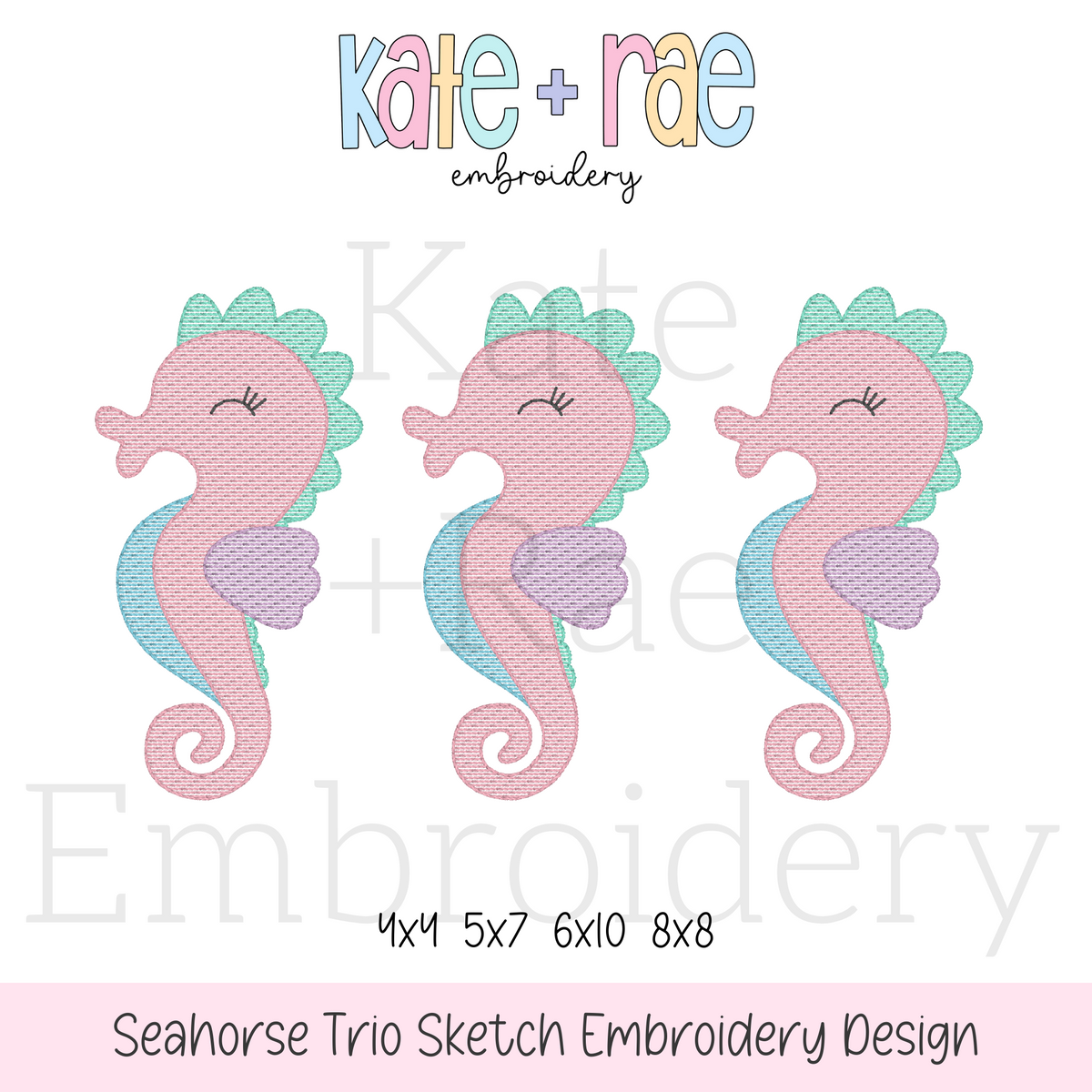 Seahorse Trio Sketch Stitch Embroidery Design: Design preview of three pink and aqua sketch stitch seahorses in a row, available in 4x4, 5x7, 6x10, and 8x8