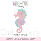 Seahorse Sketch Stitch Embroidery Design: Design preview of a pink sketch stitch seahorse with an aqua fin, available in 4x4, 5x7, 6x10, and 8x8