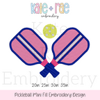 Pickleball Mini Fill Embroidery Design: Design preview of two crossed pink pickleball paddles with a yellow ball, available in 2 to 3.5 inch sizes