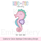 Seahorse Satin Stitch Applique Embroidery Design: Design preview of a pink satin stitch applique seahorse with an aqua fin, available in 5x7, 6x10, and 8x8
