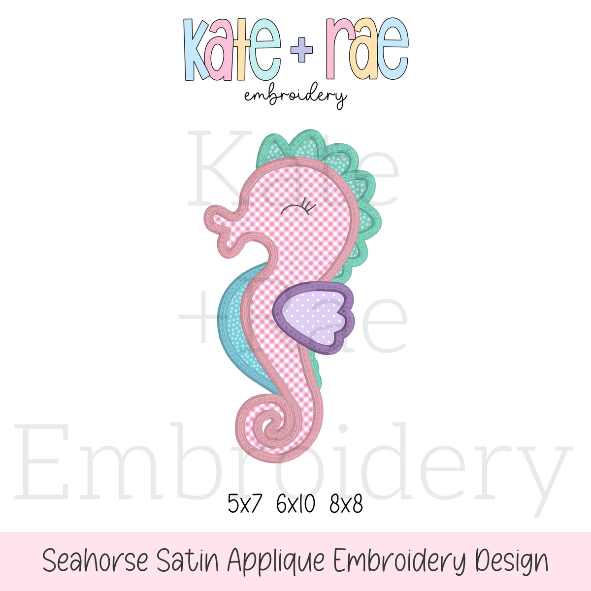Seahorse Satin Stitch Applique Embroidery Design: Design preview of a pink satin stitch applique seahorse with an aqua fin, available in 5x7, 6x10, and 8x8