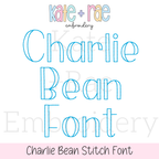 Charlie Bean Stitch Embroidery Font: Font preview reading Charlie Bean Font in blue outlined letters