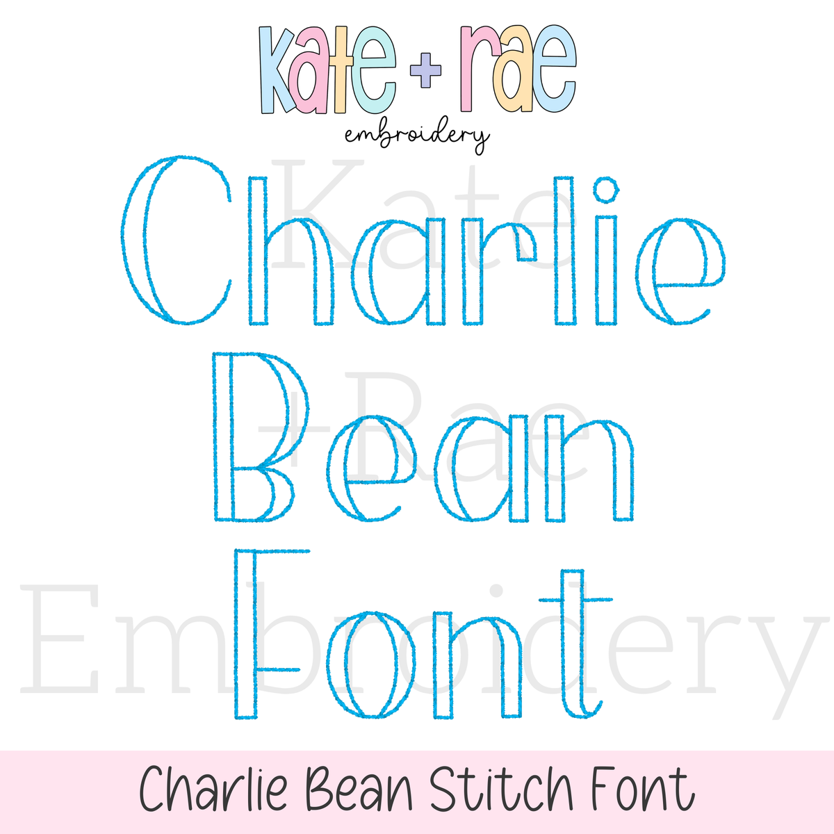 Charlie Bean Stitch Embroidery Font: Font preview reading Charlie Bean Font in blue outlined letters