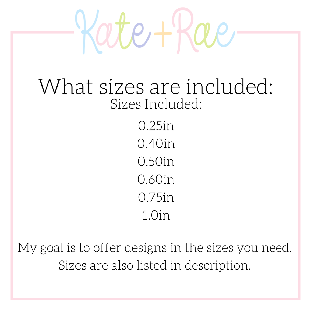 Tiny Bow Satin Stitch Add On Embroidery Design: Size chart showing sizes 0.25in, 0.40in, 0.50in, 0.60in, 0.75in, and 1.0in