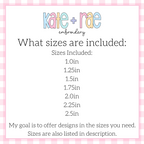 Bow Mini Satin Stitch Embroidery Design: Size chart showing sizes 1.0in, 1.25in, 1.5in, 1.75in, 2.0in, 2.25in, and 2.5in