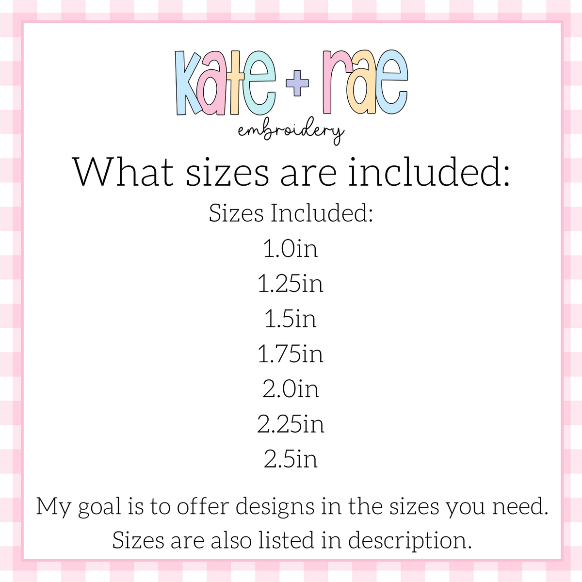 Bow Mini Satin Stitch Embroidery Design: Size chart showing sizes 1.0in, 1.25in, 1.5in, 1.75in, 2.0in, 2.25in, and 2.5in