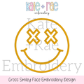 Cross Smiley Face Satin Stitch Applique Embroidery Design: Design preview of a gold satin applique smiley face with X eyes