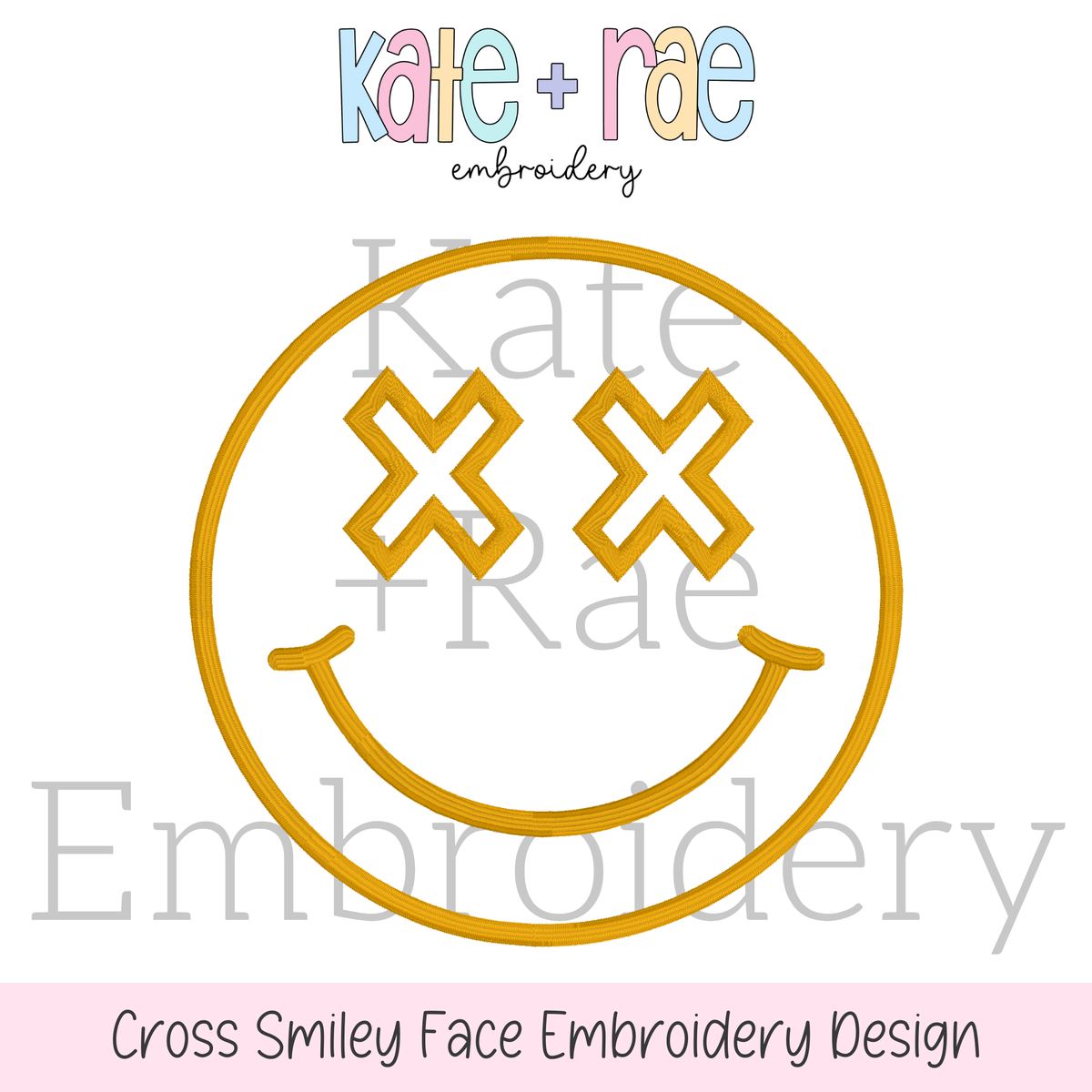 Cross Smiley Face Satin Stitch Applique Embroidery Design: Design preview of a gold satin applique smiley face with X eyes