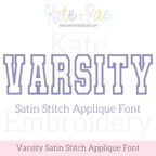 Varsity Satin Stitch Applique Embroidery Font: Font preview reading VARSITY in purple outlined collegiate letters, satin stitch applique font