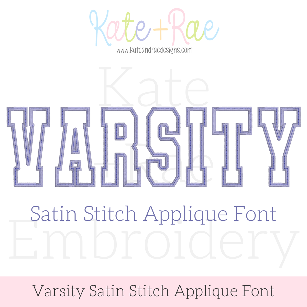 Varsity Satin Stitch Applique Embroidery Font: Font preview reading VARSITY in purple outlined collegiate letters, satin stitch applique font