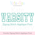 Varsity Zigzag Stitch Applique Embroidery Font: Font preview reading VARSITY in teal outlined collegiate letters, zigzag stitch applique font