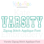 Varsity Zigzag Stitch Applique Embroidery Font: Font preview reading VARSITY in teal outlined collegiate letters, zigzag stitch applique font