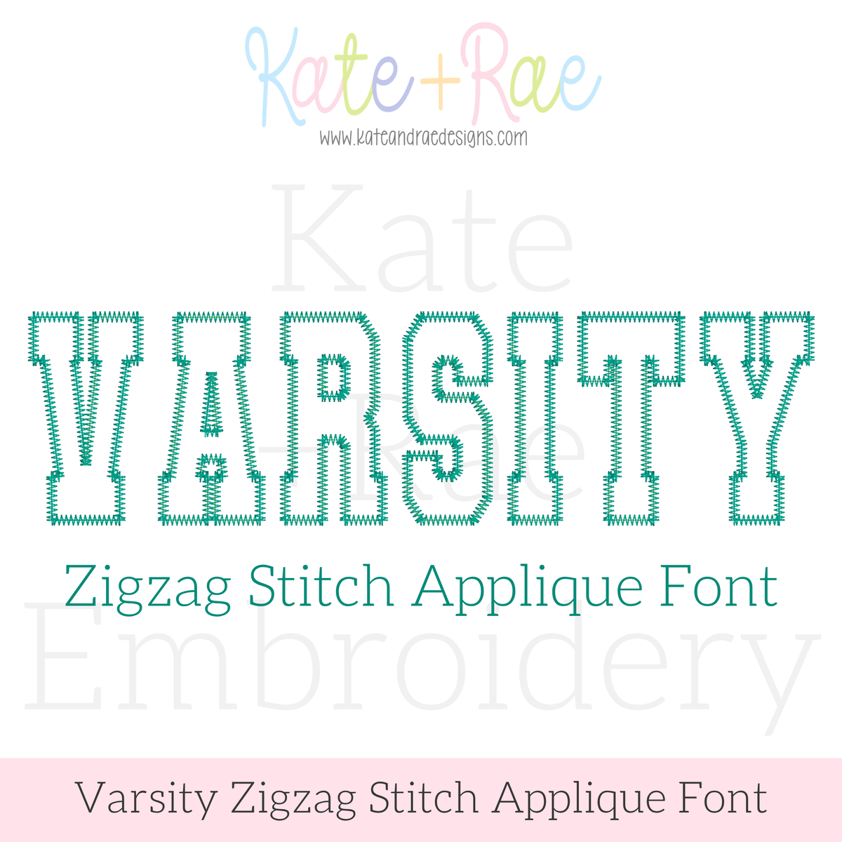 Varsity Zigzag Stitch Applique Embroidery Font: Font preview reading VARSITY in teal outlined collegiate letters, zigzag stitch applique font