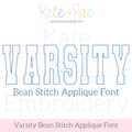 Varsity Bean Stitch Applique Embroidery Font: Font preview reading VARSITY in blue outlined collegiate letters, bean stitch applique font