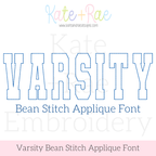 Varsity Bean Stitch Applique Embroidery Font: Font preview reading VARSITY in blue outlined collegiate letters, bean stitch applique font