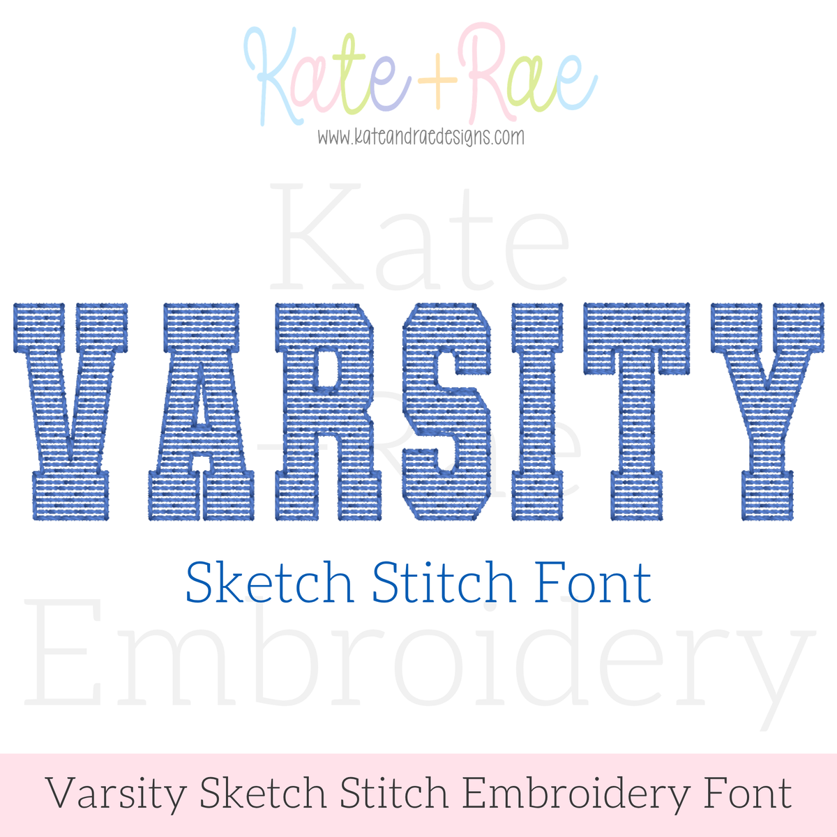 Varsity Sketch Stitch Embroidery Font: Font preview reading VARSITY in blue collegiate block letters, sketch stitch font