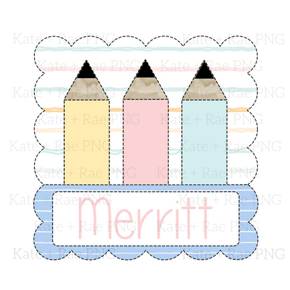 Pencil Faux Applique with Name Plate in Scalloped Square