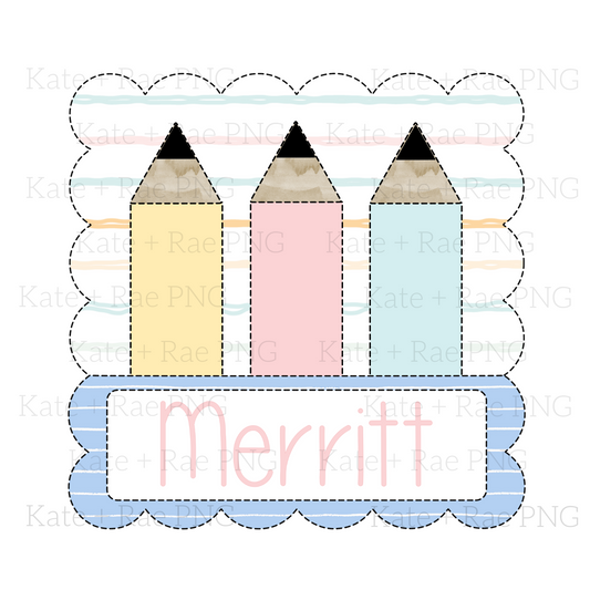 Pencil Faux Applique with Name Plate in Scalloped Square