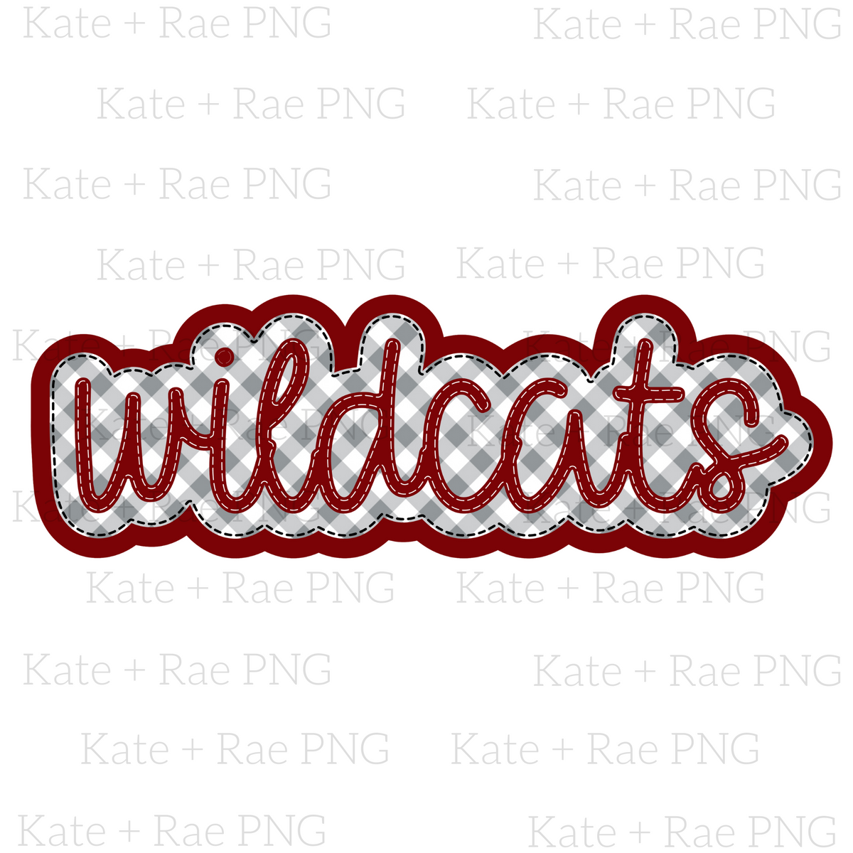 Wildcats - Custom Design: The word wildcats in maroon outlined script with gray gingham fill
