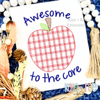 Boy's Single Plaid Apple Filled Embroidery Design: Red plaid apple between the words Awesome and to the core in navy script on a white shirt
