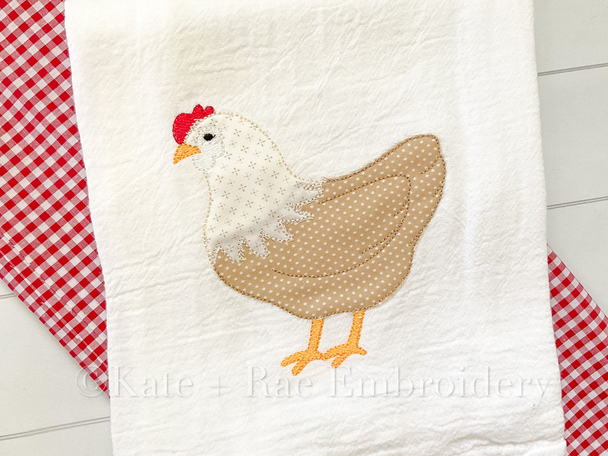 Chicken Bean Stitch Applique Embroidery Design: Tan polka dot hen with a cream wing applique stitched on a white towel over red gingham