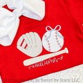 Girl's Baseball/ Softball Sketch Stitch Embroidery Design: Sketch stitch glove, baseball with a light blue bow, and bat with a name in script on a red shirt with a white bow
