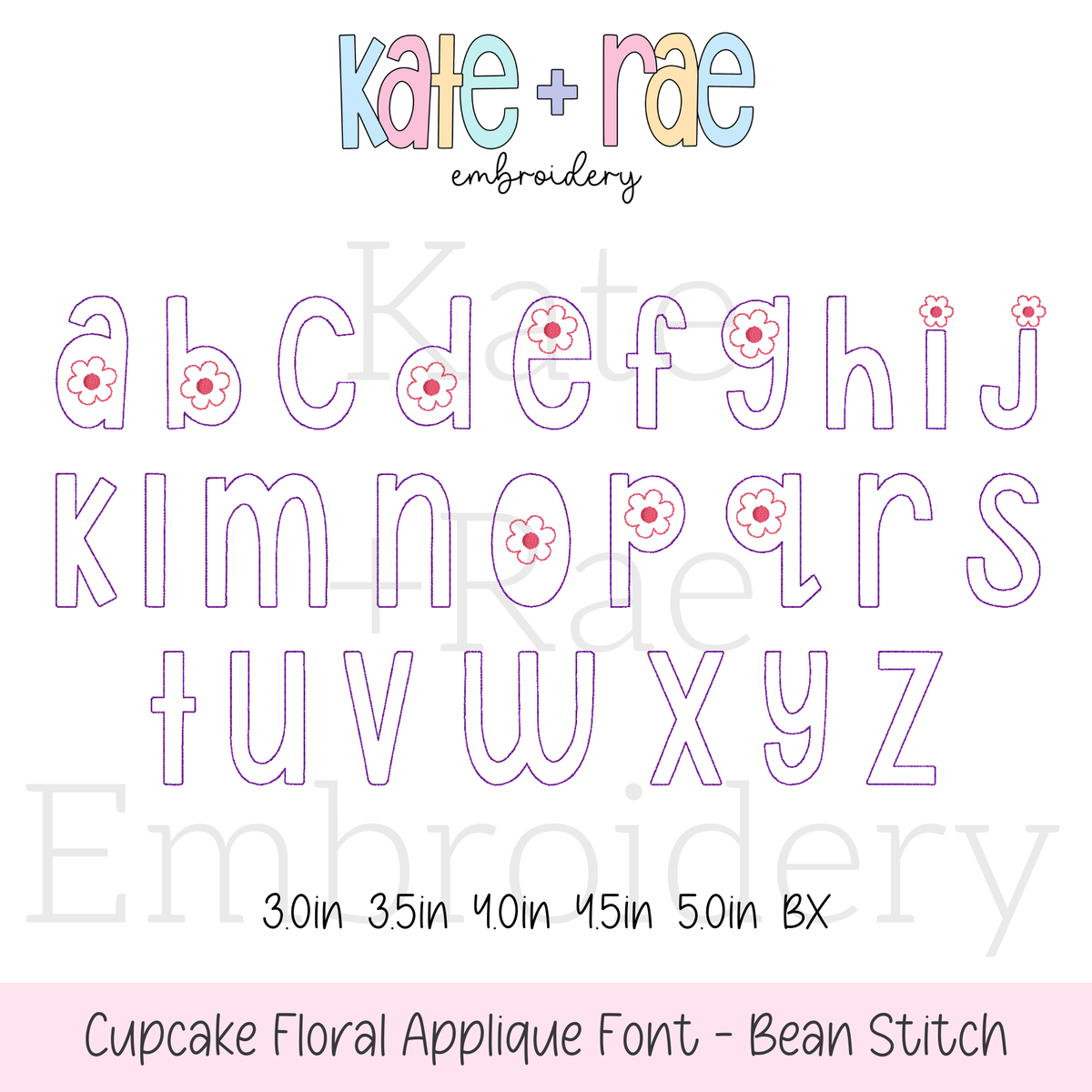 Cupcake Floral Bean Stitch Applique Embroidery Font: Lowercase a to z alphabet in purple outlined applique letters with small flowers, available in 3 to 5 inch sizes plus BX