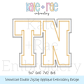 Tennessee (TN) Double Zigzag Stitch Applique Embroidery Design: Design preview of the letters TN in white with a gold and gray zigzag double outline, available in 5x7, 6x10, 7x12, and 8x8