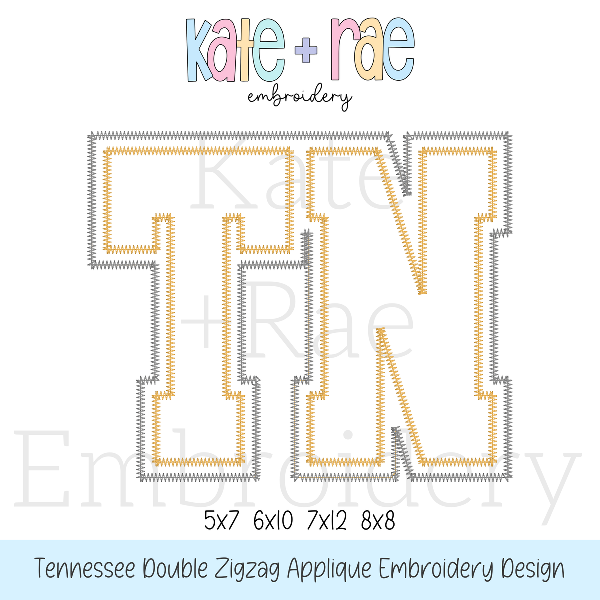 Tennessee (TN) Double Zigzag Stitch Applique Embroidery Design: Design preview of the letters TN in white with a gold and gray zigzag double outline, available in 5x7, 6x10, 7x12, and 8x8