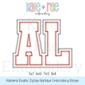 Alabama (AL) Double Zigzag Stitch Applique Embroidery Design: Design preview of the letters AL in white with a crimson and gray zigzag double outline, available in 5x7, 6x10, 7x12, and 8x8