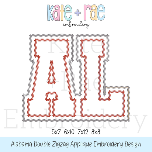 Alabama (AL) Double Zigzag Stitch Applique Embroidery Design: Design preview of the letters AL in white with a crimson and gray zigzag double outline, available in 5x7, 6x10, 7x12, and 8x8