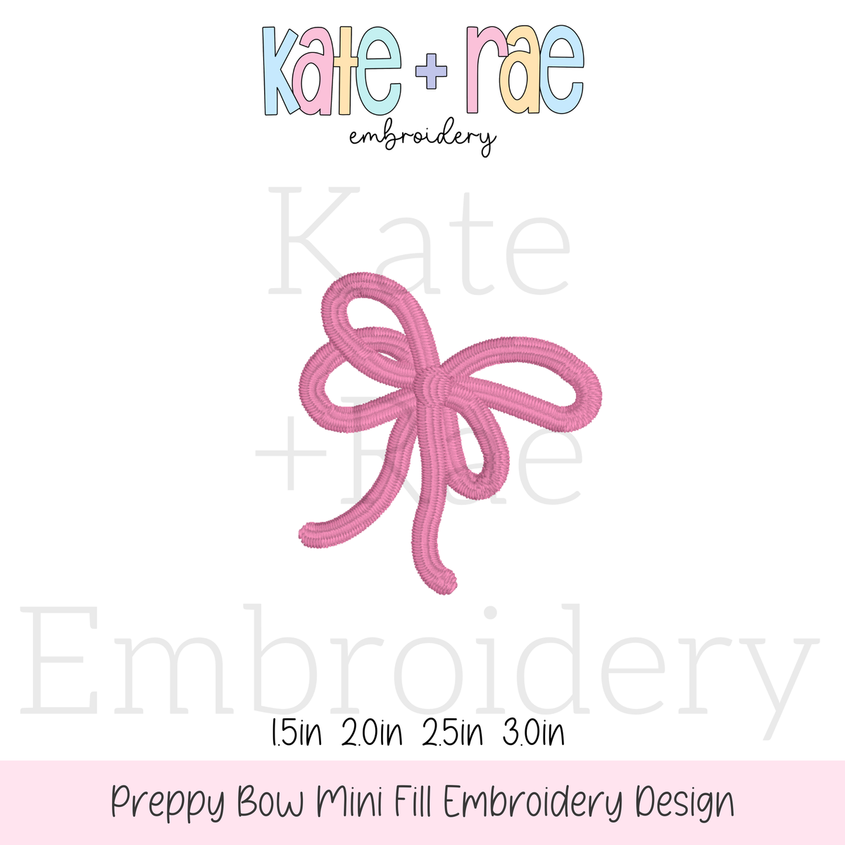Preppy Bow Mini Fill Stitch Embroidery Design: Design preview of a small pink preppy bow, available in 1.5 to 3 inch sizes