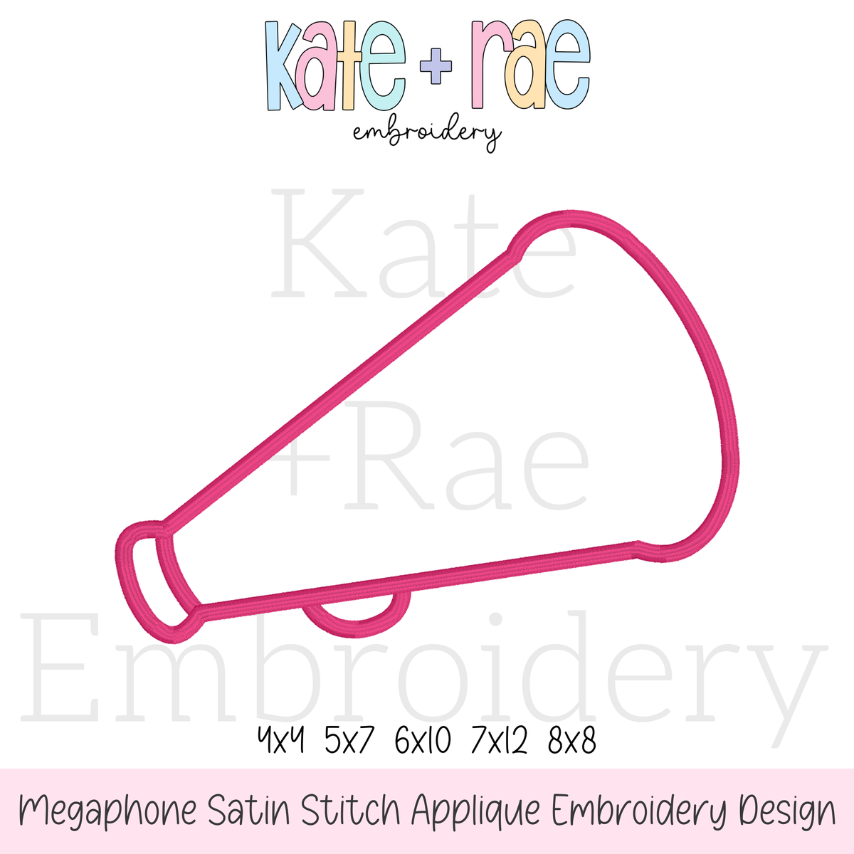 Cheer Megaphone Satin Stitch Applique Embroidery Design: Design preview of a pink megaphone satin stitch outline, available in 4x4, 5x7, 6x10, 7x12, and 8x8