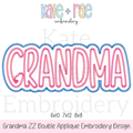Grandma Double Zigzag Applique Embroidery Design: Design preview of the word GRANDMA in pink with a blue zigzag double outline, available in 6x10, 7x12, and 8x8