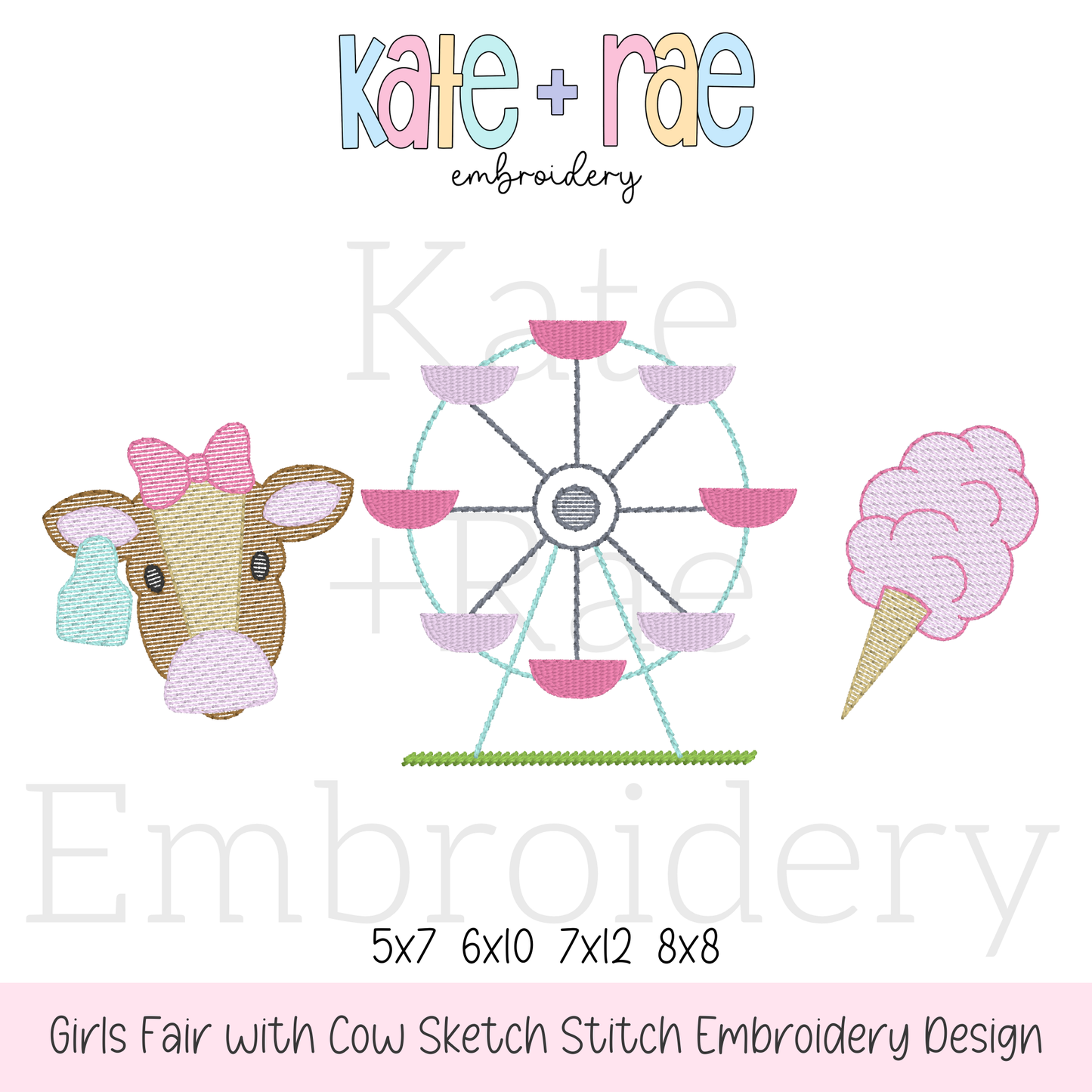 Girl's Fair with Cow Trio Sketch Stitch Embroidery Design